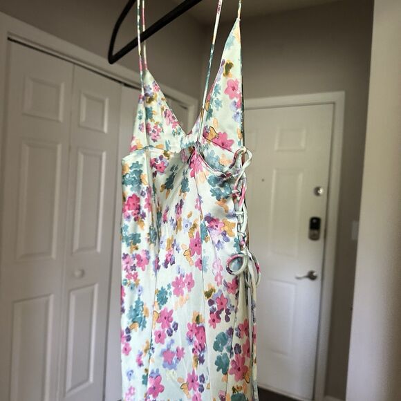 ZARA Romantic Floral Print Midi Side-Tie Satin Slip Dress XS Baby Blue - Picture 5 of 13